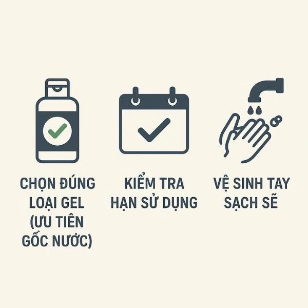Infographic 3 bước chuẩn bị quan trọng trước khi sử dụng gel bôi trơn: chọn đúng loại, kiểm tra hạn sử dụng, và vệ sinh tay.